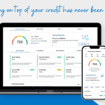 mockup of laptop and mobile phone displaying an example of credit monitoring feature. blue and gray background with text "staying on top of your credit score has never been easier."